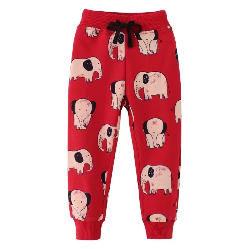 Kid Unisex Elephant Printed Elasticized 100% Cotton Lounge Pants - Red