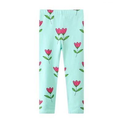Kid Girl Flower Print Full Length Leggings - Light Green