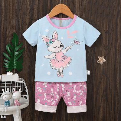 2-Piece Baby/Toddler Girl Fairy Bunny Print Short-Sleeve Tee and Shorts Sets - Blue/Pink