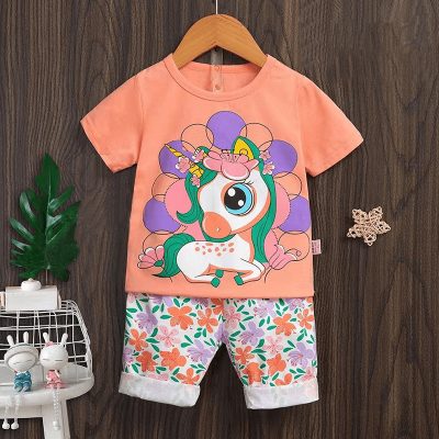 2-Piece Baby/Toddler Girl Unicorn Print Short-Sleeve Tee and Shorts Sets - Orange