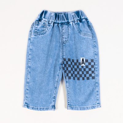 Baby/Toddler Boy Checkered Print Elasticized Denim Quarter Pants - Blue