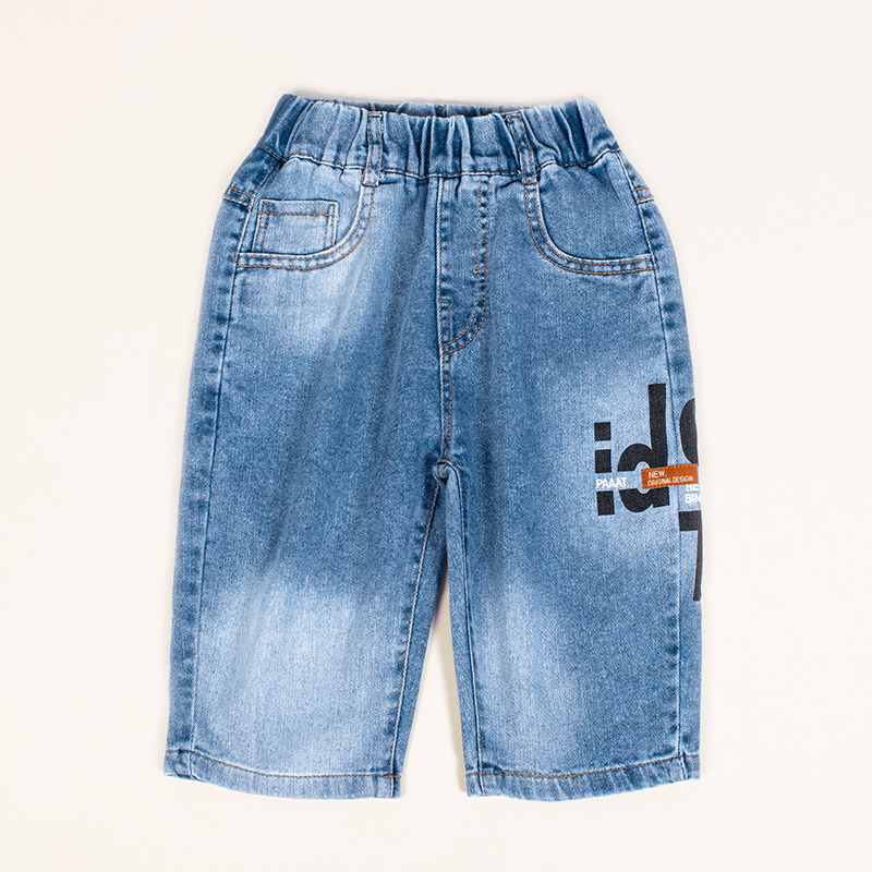 Kid Boy Letter Print Elasticized Denim Quarter Pants - Blue