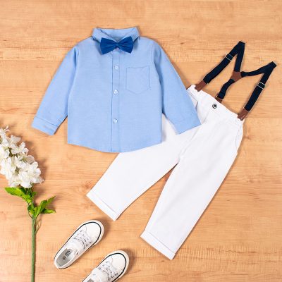 2-Piece Baby Boy Full Sleeve Shirt with Bow Tie and Solid Suspender Pant Sets - Blue/White