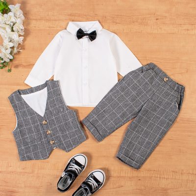 3-Piece Baby Boy Full Sleeve Bow Tie Shirt with Waistcoat and Striped Pants Set - Black