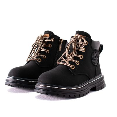 Kids Ankle Length Side Zipper Lace Up Boots - Black