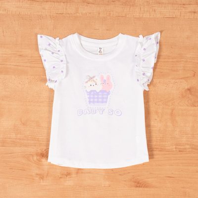 Baby Girl Rabbit Print Flutter Sleeve Tee - White