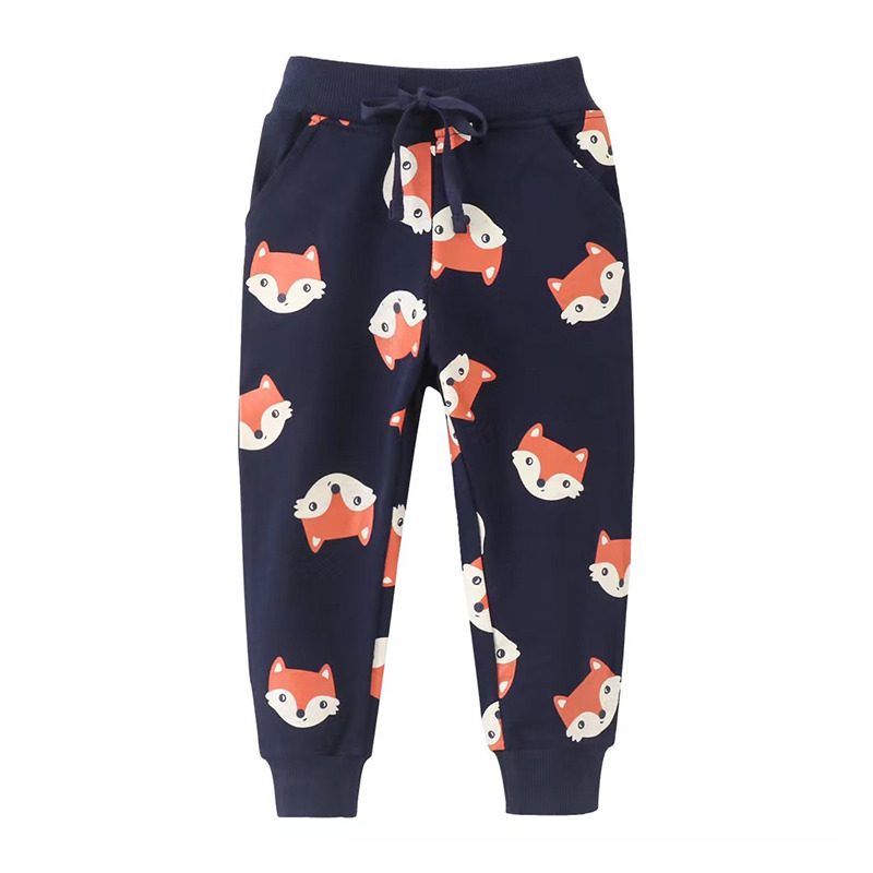Kid Unisex Fox Print Elasticized 100% Cotton Lounge Pants - Dark Blue