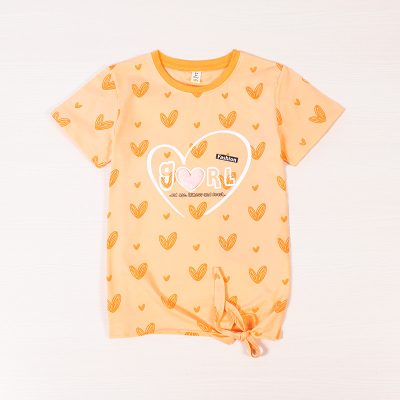 Kid Girl Heart Print Front Tie Short Sleeve Tee - Orange