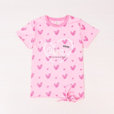 Kid Girl Heart Print Front Tie Short Sleeve Tee - Pink