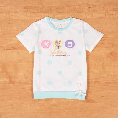 Kid Girl Rabbit Print Polka Dot Design Short Sleeve Tee - Light Green