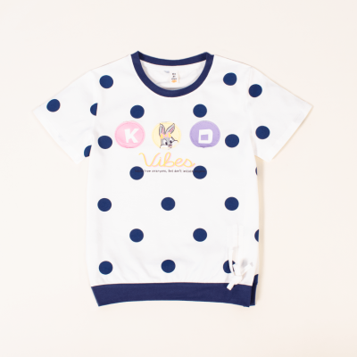 Kid Girl Rabbit Print Polka Dot Design Short Sleeve Tee - Dark Blue