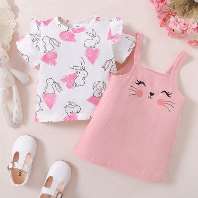 2-Piece Baby Girl Rabbit Print Short Sleeve Tee and Rocky Skirt Set - Pink
