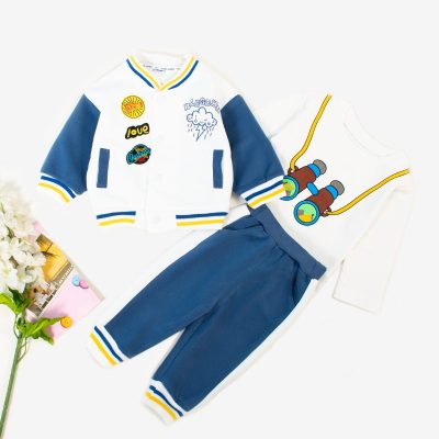 3-Piece Baby Boy Full Sleeve Tee, Joggers Pant and Bomber Jacket Set - Blue