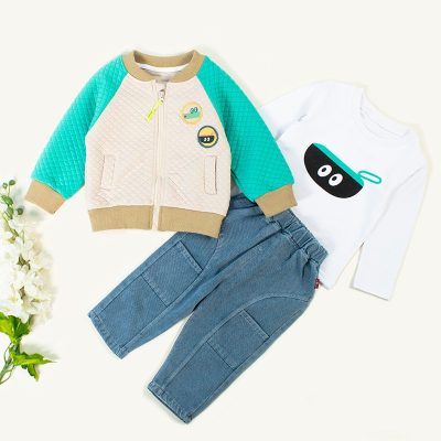 3-Piece Baby Boy Full Sleeve White Tee, Denim Pant and Bomber Jacket Set - Grey