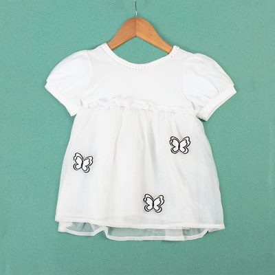 Baby Girl Butterfly Print Puff Sleeve Mesh Dress - White