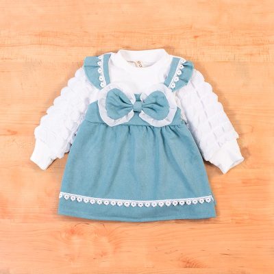 Baby Girl Textured Ribbed Long Sleeve Bow Knot Design Dress - Rock Blue