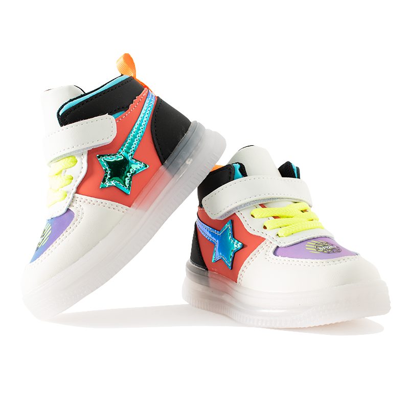 Baby Boy Star Print Colorblock Velcro Closure LED Sneakers - White