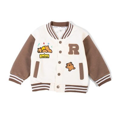 Baby Boy Bear Print Colorblock Button Design Bomber Jacket - Brown