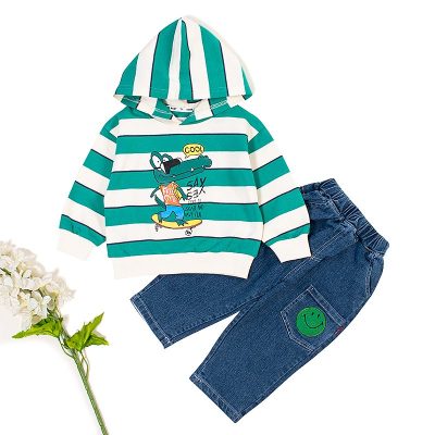 2-Piece Baby Boy Crocodile Print Striped Hoodie and Denim Pants Sets - Green