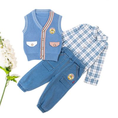 3-Piece Baby Boy Full Sleeve Shirt, Joggers Pant and Sleeveless Sweater Set - Blue