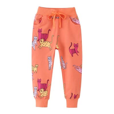 Kid Girl Cat Print Elasticized 100% Cotton Lounge Pants - Coral Pink