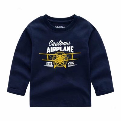 Kid Boy Custom Airplane Print Full Sleeve Tshirts - Navy Blue