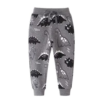 Kid Unisex Dino Print Elasticized 100% Cotton Lounge Pants - Dark Grey