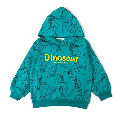 Kid Boy Dino Print Pullover Hoodie - Green