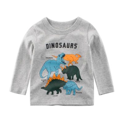 Kid Boy Dinosaurs Print Solid Color Long Sleeve Tee - Heather Grey
