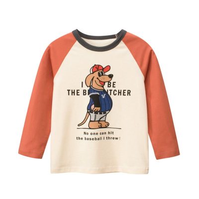 Kid Boy Baseballer Dog Print Colorblock Long Sleeve Tee - Beige/Orange
