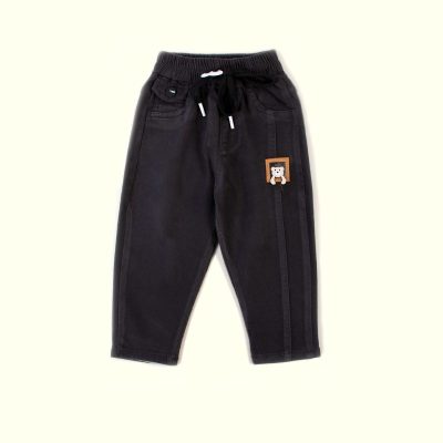 Baby Boy Bear Print Elasticized Cotton Pants - Dusky Black