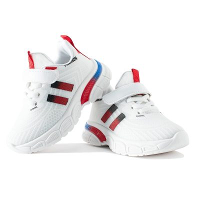 Kids Unisex Red Stripe Print Velcro Closure Mesh Sneakers - White