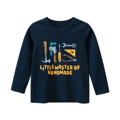 Kid Boy Little Tools Print Solid Color Long Sleeve Tee - Navy Blue