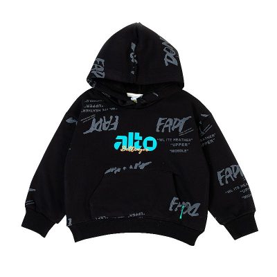 Kids Letter Print Front Pocket Design Warm Fleece Pullover Hoodie - Black