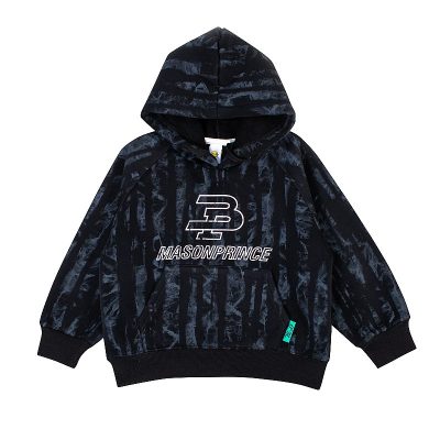 Kids Letter Print Front Pocket Design Warm Fleece Pullover Hoodie - Black