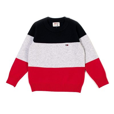 Kids Unisex Colorblock Full Sleeve Knitted Sweater - Black/Grey/Red