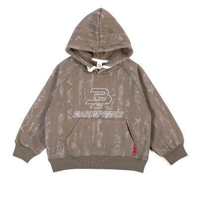 Kids Letter Print Front Pocket Design Warm Fleece Pullover Hoodie - Brownish Grey