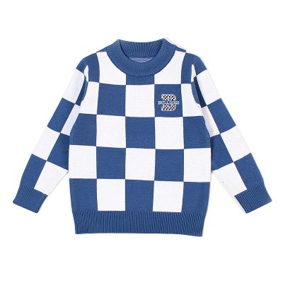 Kids Unisex Check Print Full Sleeve Knitted Sweater - Blue