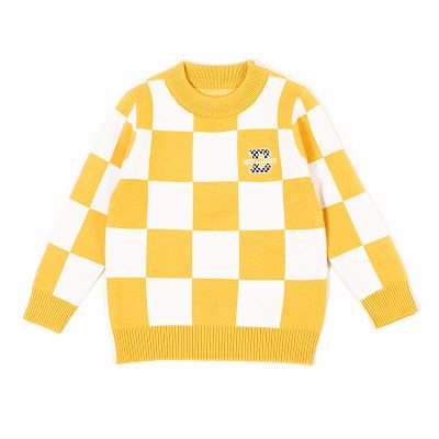 Kids Unisex Check Print Full Sleeve Knitted Sweater - Yellow