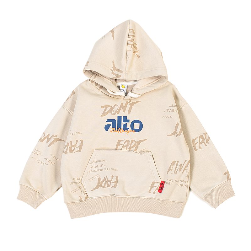 Kids Letter Print Front Pocket Design Warm Fleece Pullover Hoodie - Cream