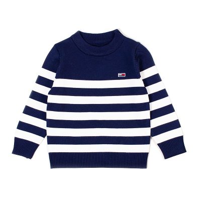 Kids Unisex Striped Print Full Sleeve Knitted Sweater - Navy Blue