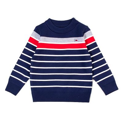 Kids Unisex Striped Print Full Sleeve Knitted Sweater - Blue
