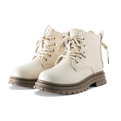 Kid Girl Ankle Length Side Zipper Lace Up Boots - Beige