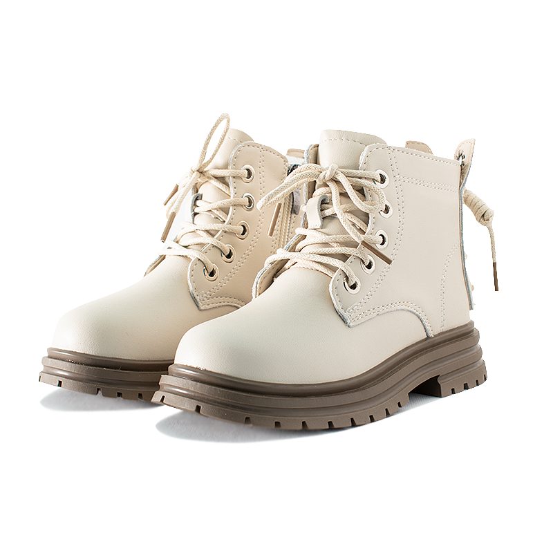 Kid Girl Ankle Length Side Zipper Lace Up Boots - Beige
