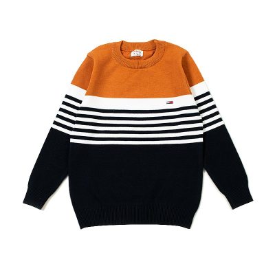 Kids Unisex Striped Print Full Sleeve Knitted Sweater - Turmeric/Black