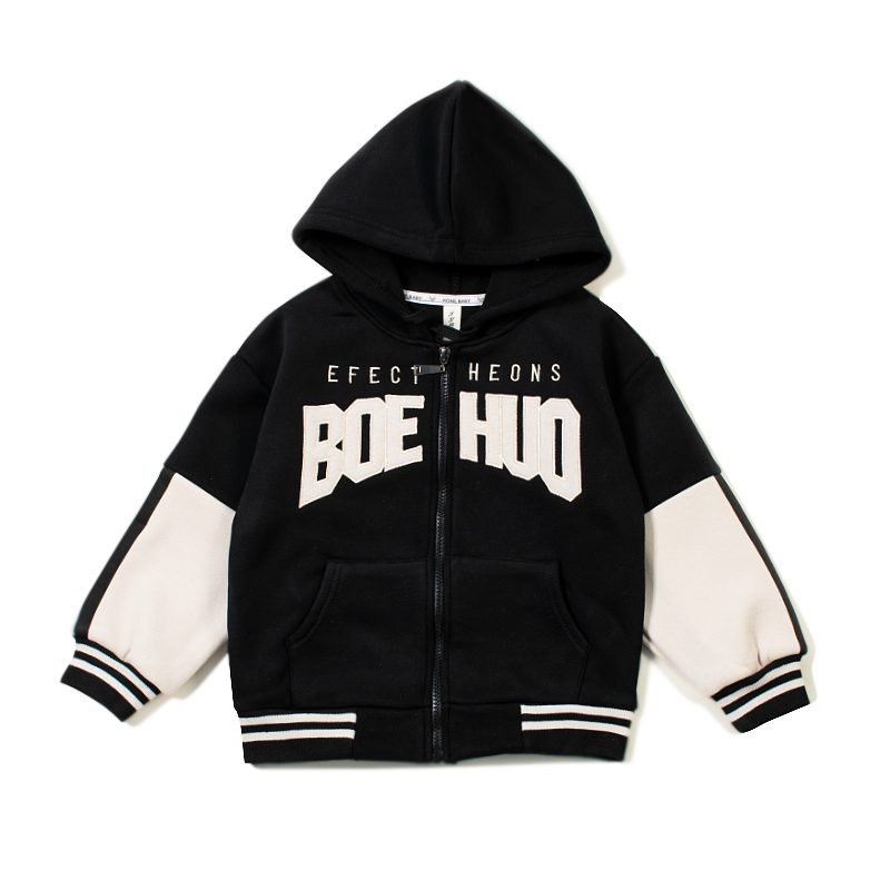 Kid Boy Full Sleeve Colorblock Front Zipper Fleece Lined Hoodies - Black