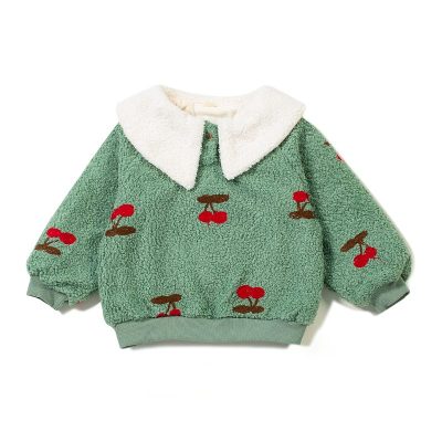Baby Girl Cherry Print Fuzzy Textured Fleece Lined Sweatshirts - Green