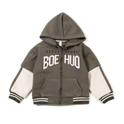 Kid Boy Full Sleeve Colorblock Front Zipper Fleece Lined Hoodies - Grey