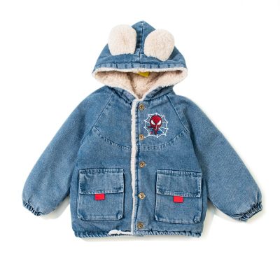 Baby Boy/Girl Spiderman Print Faux Fur Lined Denim Jackets - Blue