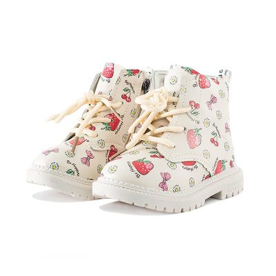 Baby Girl Strawberry Print Side Zipper Lace Up Boots - Beige